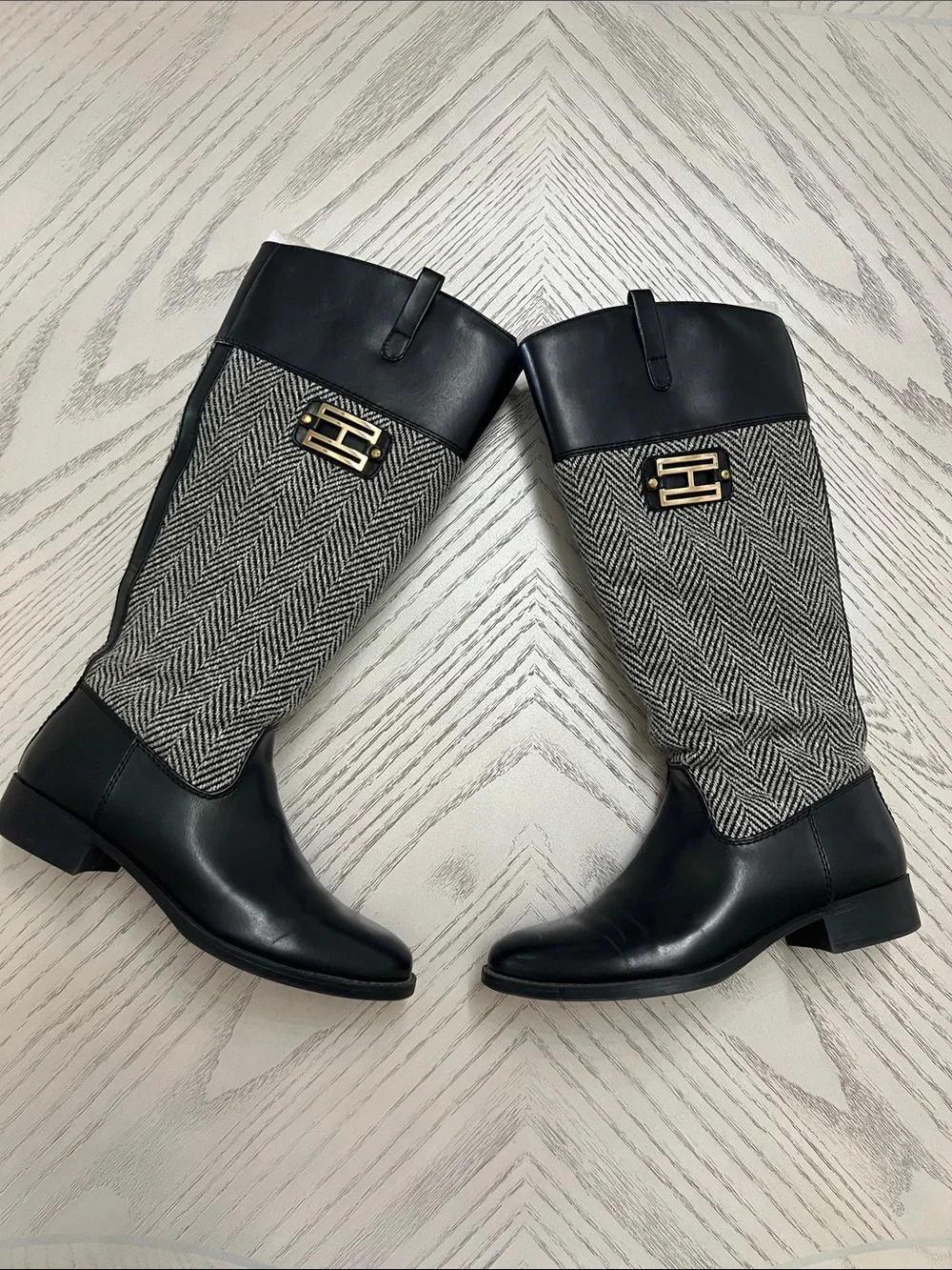 Black Leather and Herringbone Knee-High Riding Boots